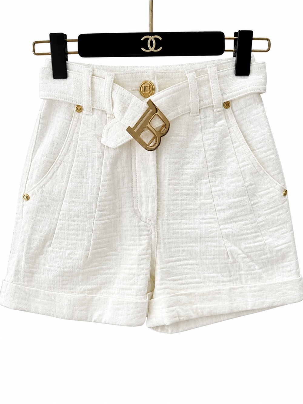 Balmain Cream High-Waist Textured Bermuda Shorts with Gold Logo Belt
